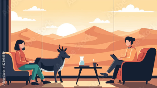 Two people work on devices inside a room with a desert window view, an antelope stands nearby