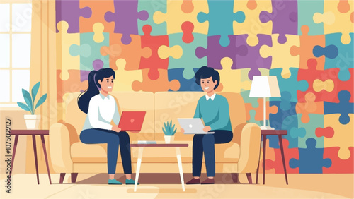 Two people work on laptops while sitting on a sofa in a room adorned with a colorful jigsaw puzzle wall