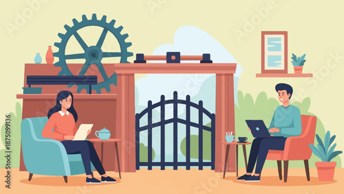 Two people work remotely in a cozy home office, a woman with a tablet and a man with a laptop