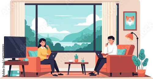Two people work remotely on laptops in a cozy room with a scenic mountain and lake view from a large window