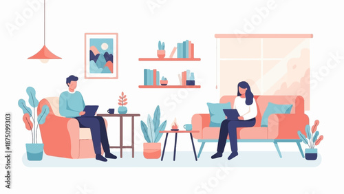 Two people working on laptops in a cozy, modern living room with plants, books, and a window