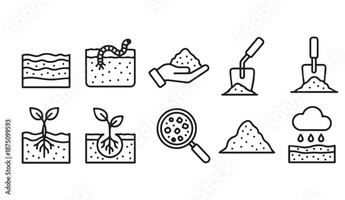 Soil and plant growth icons set with gardening tools and magnifying glass silhouette