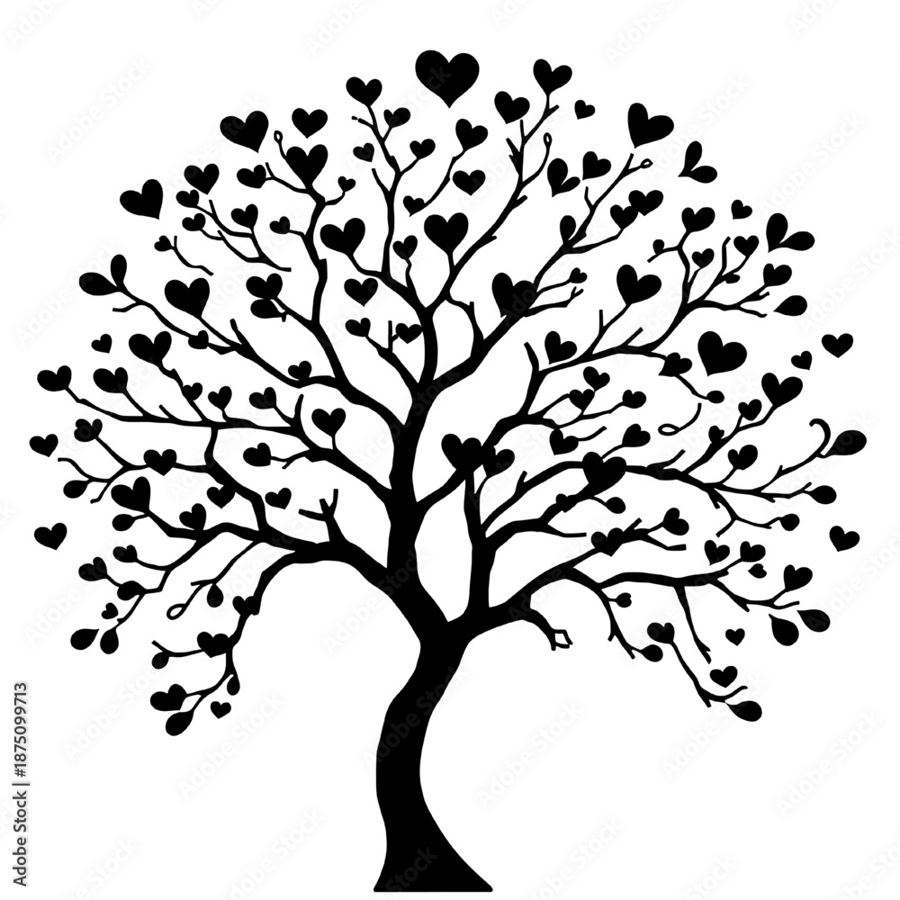 Obraz premium Love Tree with Heart Shaped Leaves Silhouette. Family Love Tree Symbol with Heart Leaves.