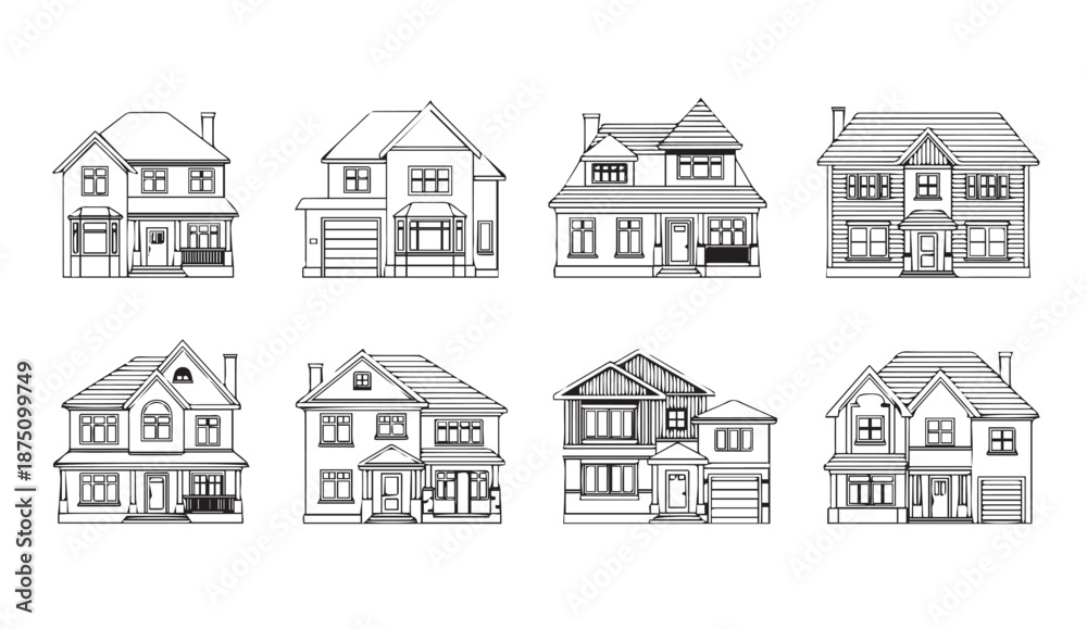 Fototapeta premium Set of modern house designs with various architectural styles and details vector style