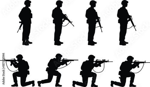 Soldiers, silhouette, combat, gear, rifles, helmets, kneeling, standing, crouching, tactical, defense, war, pa