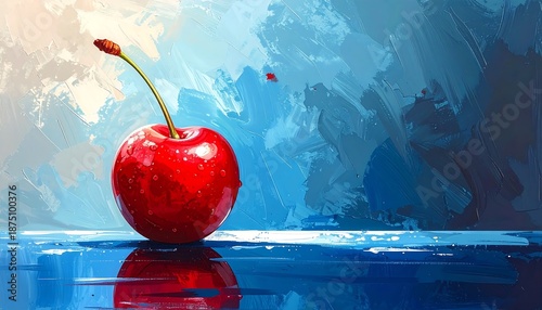 Fresh red cherry on blue background.