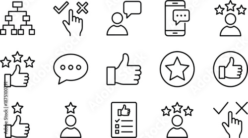 User feedback icons, communication symbols, rating evaluation vector, mobile UX elements, flat black design, cad drawing flat vector illustration