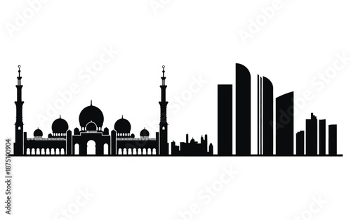 silhouette of mosque and modern city skyline with tall buildings