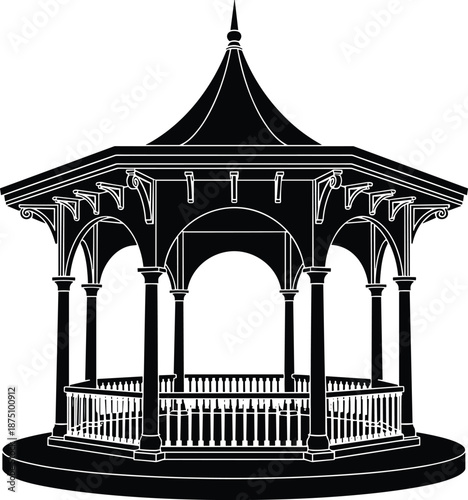 Victorian gazebo pavilion silhouette illustration, ornate park architecture landmark, black white minimalist vector outdoor structure isolated background design, graphic, art