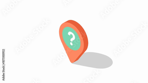 A 3D location marker icon with a white question mark symbol on a teal circle
