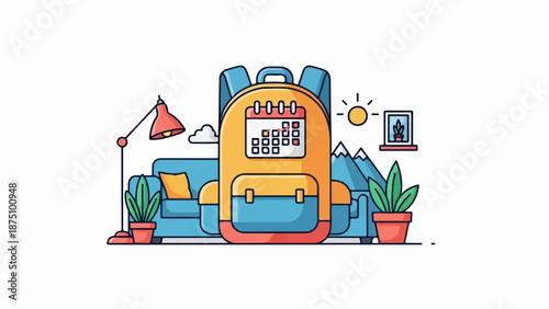 A backpack sits before a sofa, near a lamp, plants, mountains, and sun