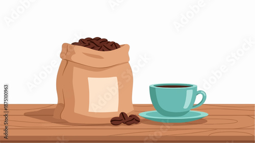 A bag of coffee beans sits next to a steaming cup of coffee on a wooden surface