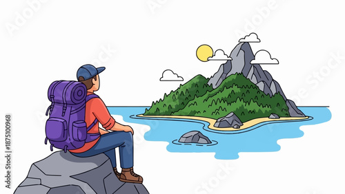 A backpacker gazes at a lush, mountainous island bathed in sunlight and surrounded by ocean