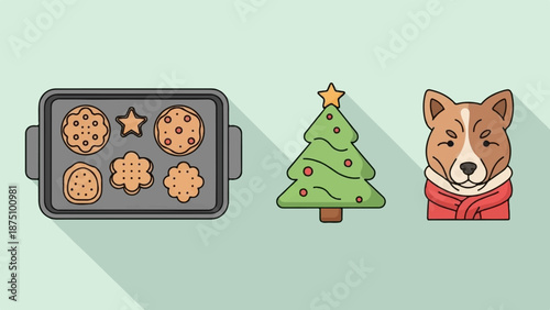 A baking tray of cookies, a decorated Christmas tree, and a dog wearing a red scarf