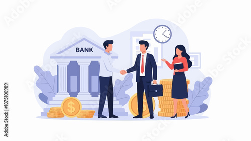 A bank building with people shaking hands and stacks of coins