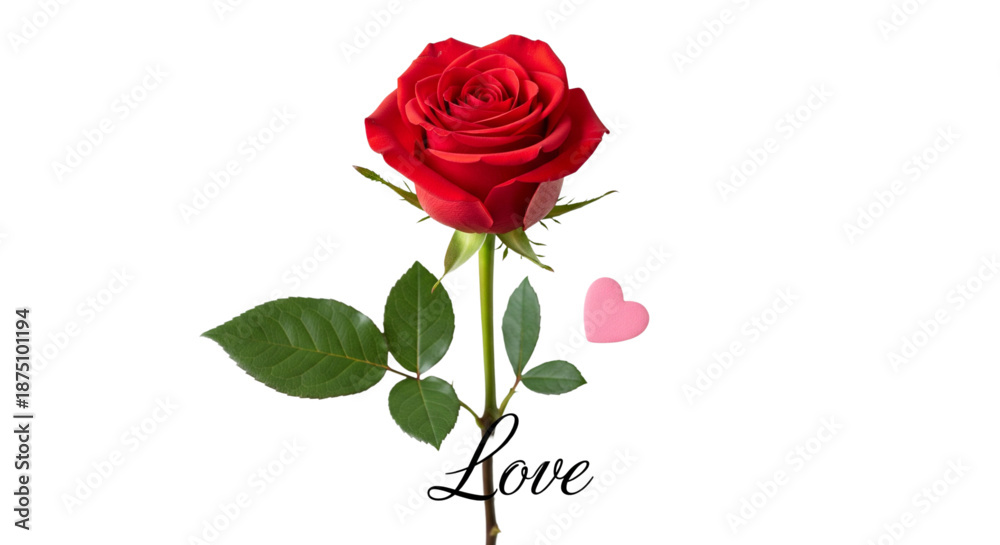 Fototapeta premium Passionate Red Rose with Pink Heart and Love Text for Romantic Valentines Day Anniversary Wedding Design