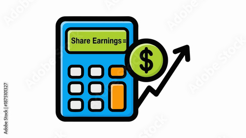 A blue calculator displays "Share Earnings =" with a green dollar coin and an upward trending arrow