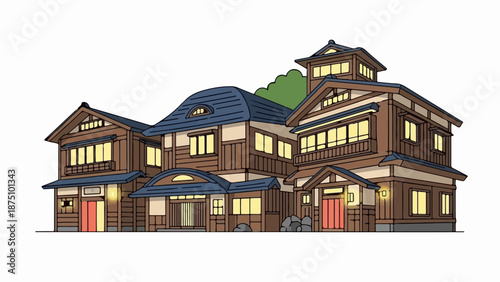 Traditional multi-story wooden Japanese building with blue tiled roofs and illuminated windows