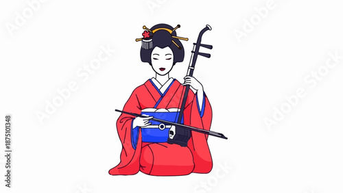 Traditional Japanese woman in red kimono playing a bowed string instrument