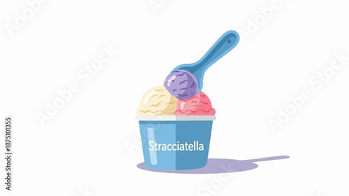 A blue cup overflowing with three scoops of gelato, a scoop lifting one