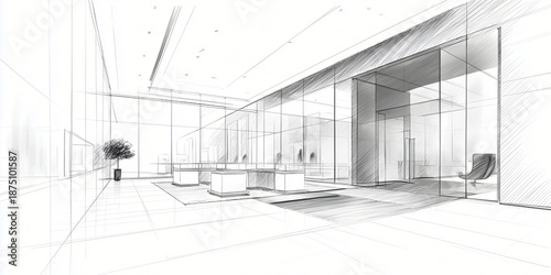 Modern architectural sketch of a spacious office interior with clean lines and a minimalist aesthetic. The space is illuminated by natural light and features large windows