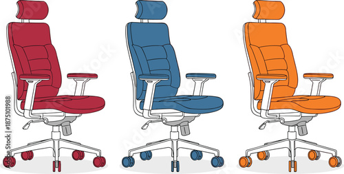 Ergonomic office chair set in multiple colors, adjustable swivel seating with headrest and wheels, modern workspace furniture illustration for office and home use