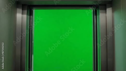 Modern Elevator Doors Opening with Vibrant Green Screen