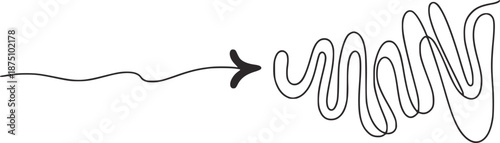 Black wavy line transforming into chaotic curls with arrow abstract