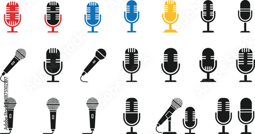 Microphone icon collection in flat and silhouette styles, colorful and black vector set for podcast, radio, music, broadcasting, recording and audio production design