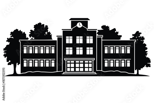 a large building with trees on either side of it