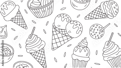 Hand drawn monochrome pattern of ice cream cones and cupcakes