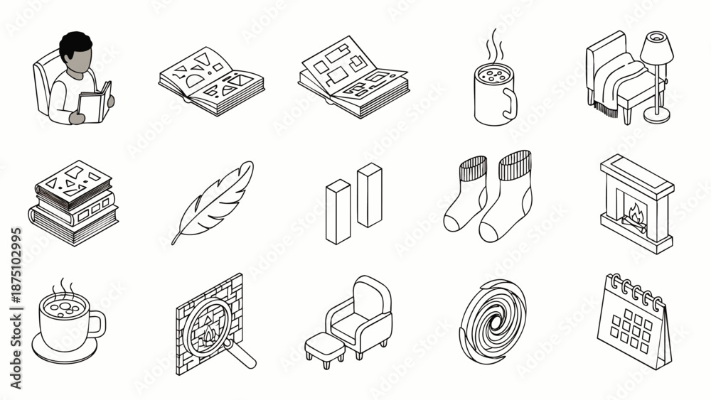 Fototapeta premium Isometric Line Art Icons for Cozy Reading and Relaxation at Home. Collection of Hygge-Inspired Symbols for Comfort and Leisure Activities.