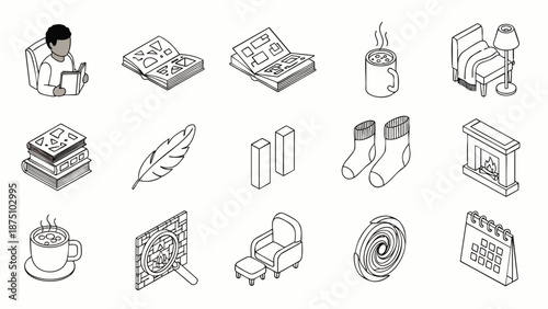 Isometric Line Art Icons for Cozy Reading and Relaxation at Home. Collection of Hygge-Inspired Symbols for Comfort and Leisure Activities.