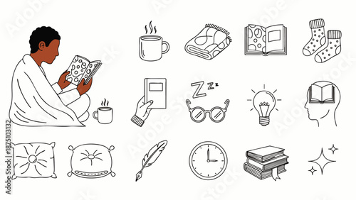 Cozy reading illustration: person with book, blanket, hot drink, surrounded by line art icons representing learning, relaxation, and quiet comfort.