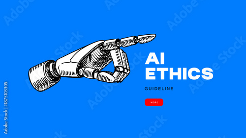 Poster with sketch robot hand. AI ethics, legal service, cybersecurity, tech conference, research, AI startup, IT, media concept. Engraved hand drawn vector illustration.