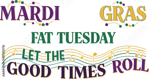 Mardi Gras Fat Tuesday celebration with colorful music notes