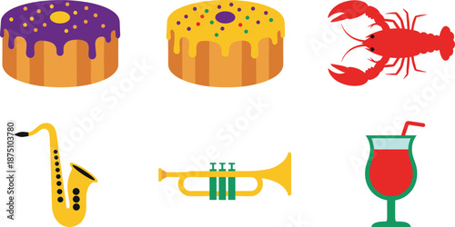 Mardi Gras celebration icons with cake, lobster, and jazz instruments