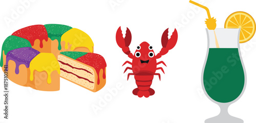 Mardi Gras celebration with king cake, lobster, and green drink