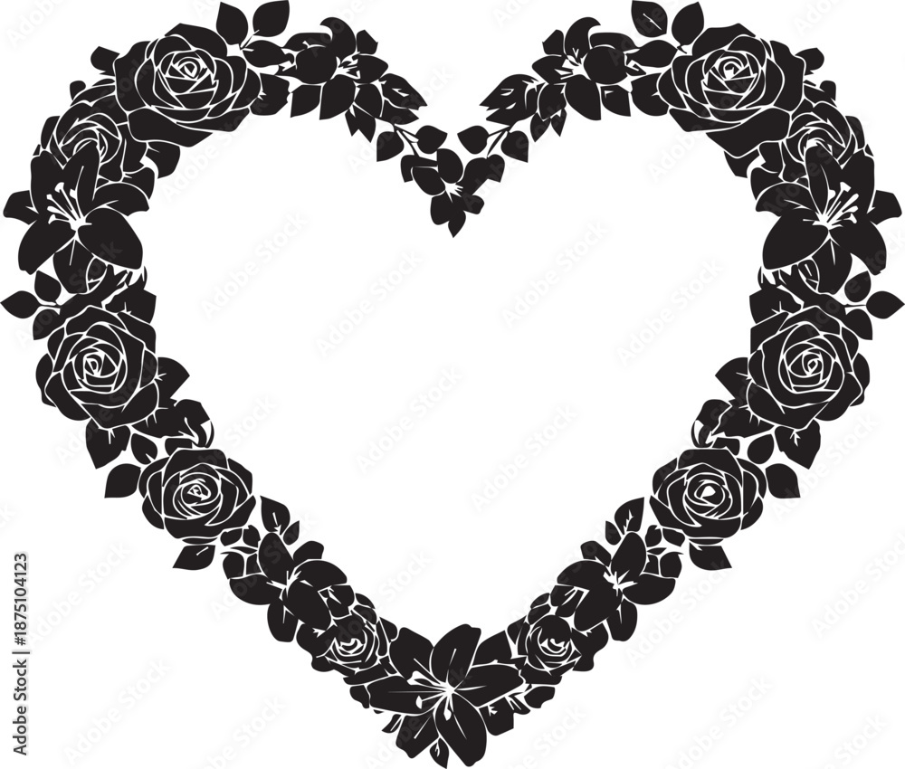 Fototapeta premium Black rose heart frame with white background