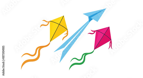 Colorful Kites and Paper Plane Soaring High in a Playful Vector Illustration, Representing Outdoor Fun, Childhood Freedom, and Lighthearted Adventures
