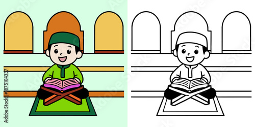 cute young moslem kids boy and girl for ramadan coloring page for kids