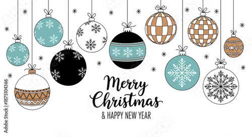 Elegant vector illustration featuring festive hanging Christmas ornaments and decorative snowflakes, perfect for holiday greeting cards and New Year celebrations