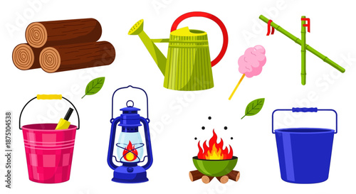Diverse outdoor activity essentials set, featuring gardening tools, camping equipment, and leisure items for summer recreation and nature exploration