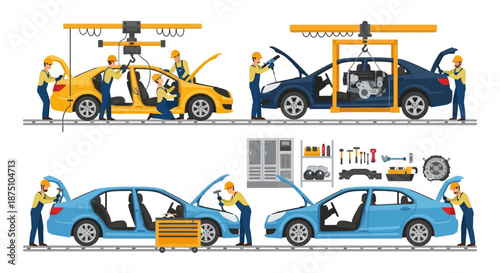 Automotive Manufacturing Process Illustration Car Assembly Line with Workers, Industrial Production, and Vehicle Construction Stages