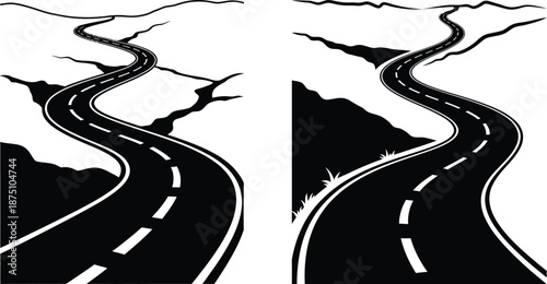 Winding road with mountains and minimalist style, presented as a resource for design