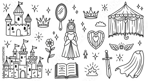 Enchanting Fairy Tale Icons Castles, Princess, Crowns, Magic Sword, and Open Book Collection