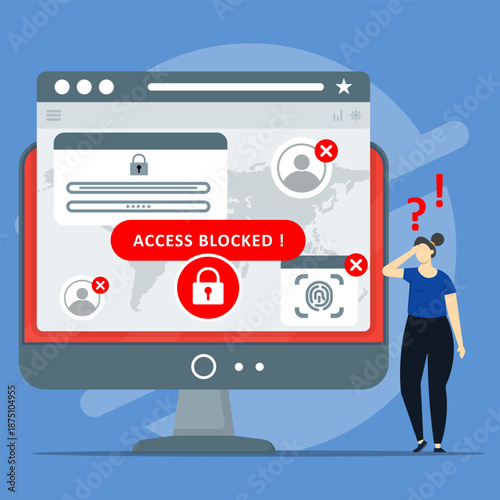 Blocked computer screen with a confused of woman. Suitable for cyber crime, IT problem and troubleshooting to login account concepts.