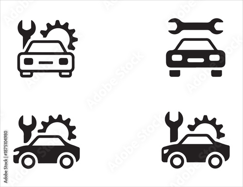 Car service and repair logos combining vehicle outline wrench and gear symbols creatively