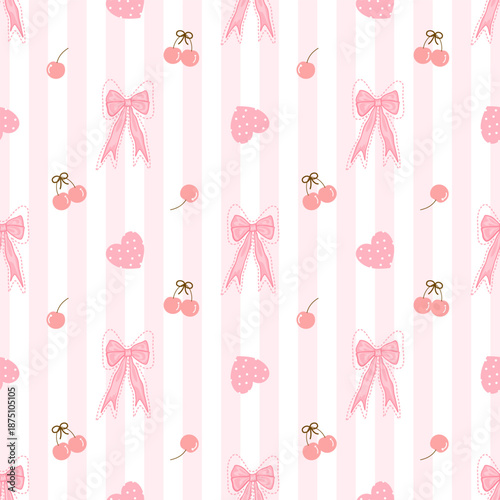 seamless pattern with pink bow cherry and hearts, fabric pattern, gift wrapping paper 