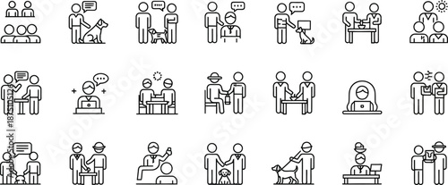 A set of 20 black and white line drawings of people interacting isolated on transparent background